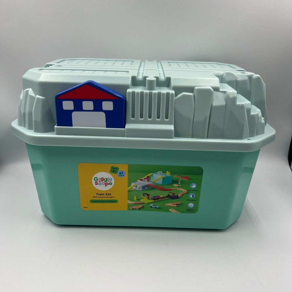 Giggle Scape Wooden Train Set with Motorized Engine and Storage Tub 3+